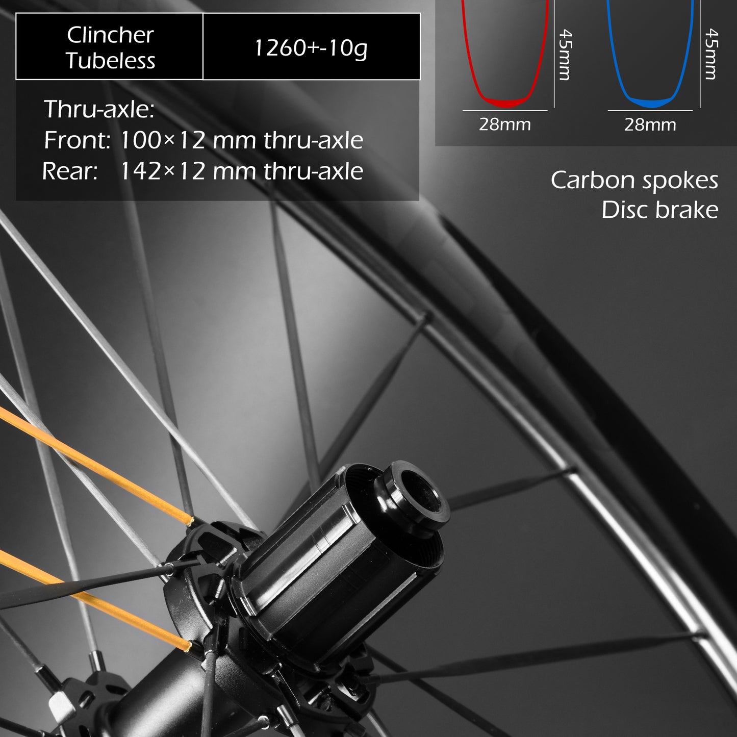 Carbon Fiber Road Bike Wheel Set 700C 45mm Disc Brake Thru-Axle,  Carbon Fiber Blade Spokes(T-Head Design) Toray T700/T800 Hybrid, Clincher & Tubeless Support Tire Width 23-28mm